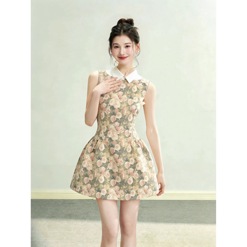 French-Style Elegant Rose Oil Painting Shirt Collar Sleeveless Dress, Spring and Summer Vintage Puffy Slim-Fit Waist-Cinching Dress