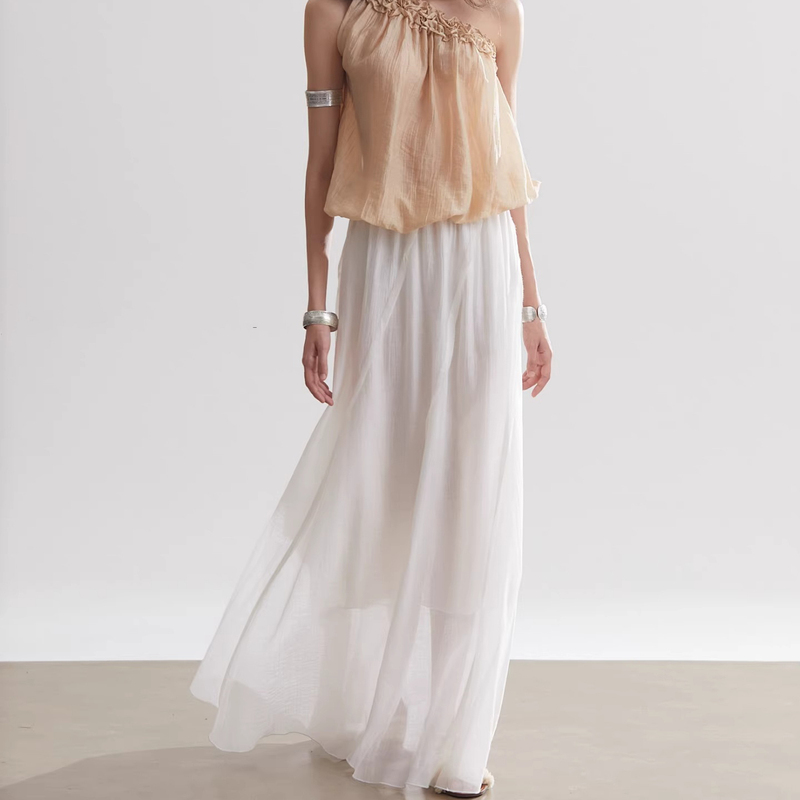 French-Style High-End Tencel Holiday-Style Long Skirt with a Sense of Design, Elegant, Fashionable, Slimming, Pleated Skirt with a Large Hem French-Style High-End Tencel Holiday-Style Long Skirt with a Sense of Design, Elegant, Fashionable, Slimming, Pleated Skirt with a Large Hem