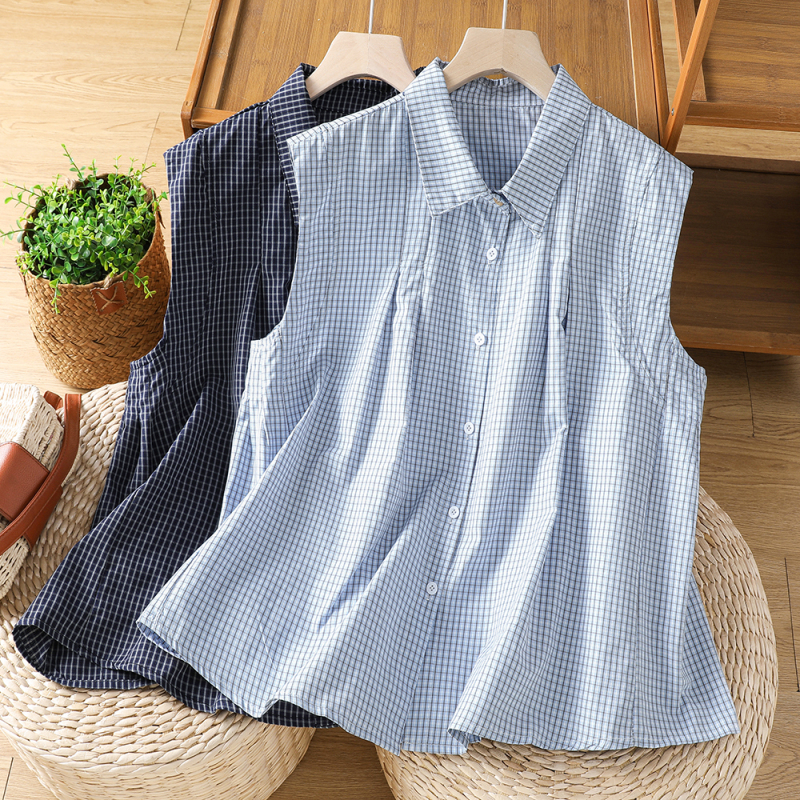 Korean-Style Plaid Pure Cotton Sleeveless Shirt for Women, Summer Elegant and Age-Reducing Short Vest, Casual Versatile Turn-Down Collar Sleeveless Shirt Korean-Style Plaid Pure Cotton Sleeveless Shirt for Women, Summer Elegant and Age-Reducing Short Vest, Casual Versatile Turn-Down Collar Sleeveless Shirt