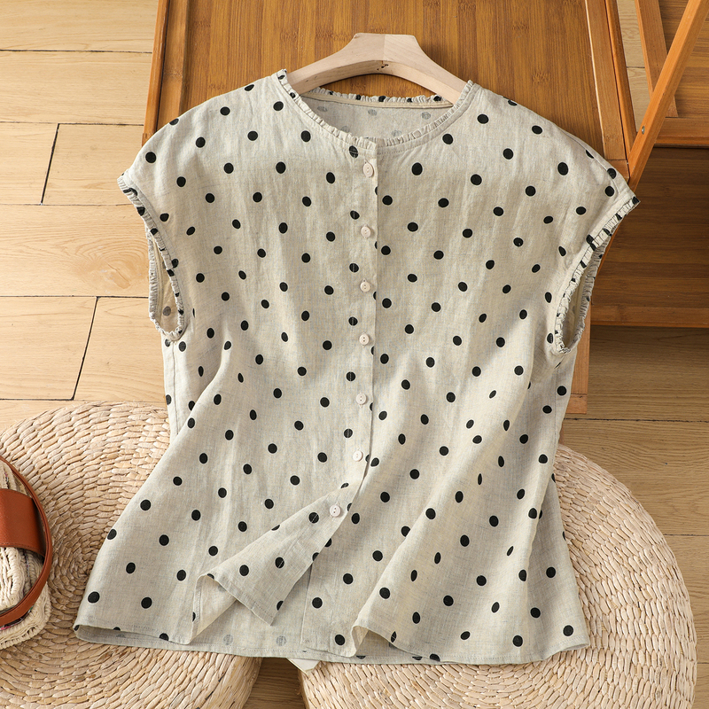 Japanese-Style Polka Dot Linen Sleeveless Shirt for Women, Summer Vintage Elegant Ruffled Vest, High-End Cotton-Linen Sleeveless Top
