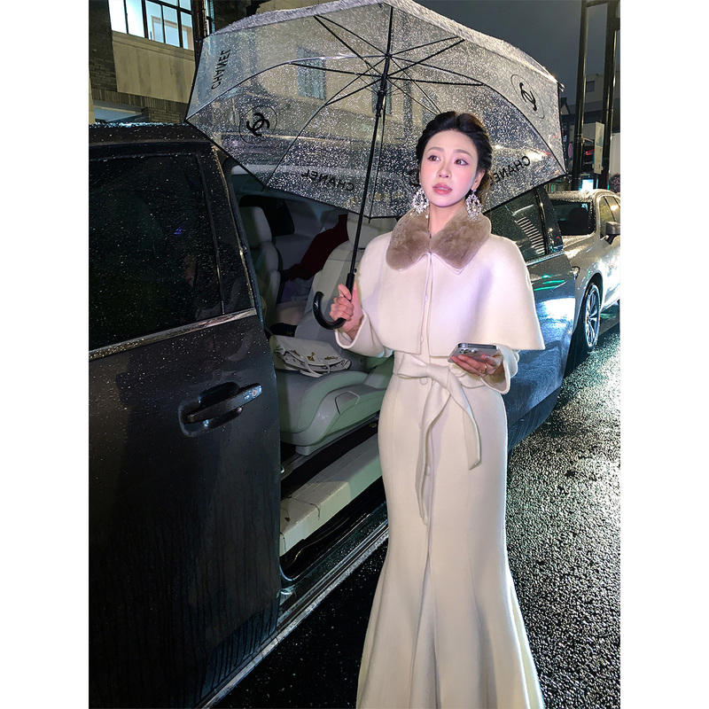 Liu Zhixian [Is It a Coincidence?] Totoro Collar Cape Waist-Cinching Coat for Women, 100% Wool Double-Sided Woolen Long Coat