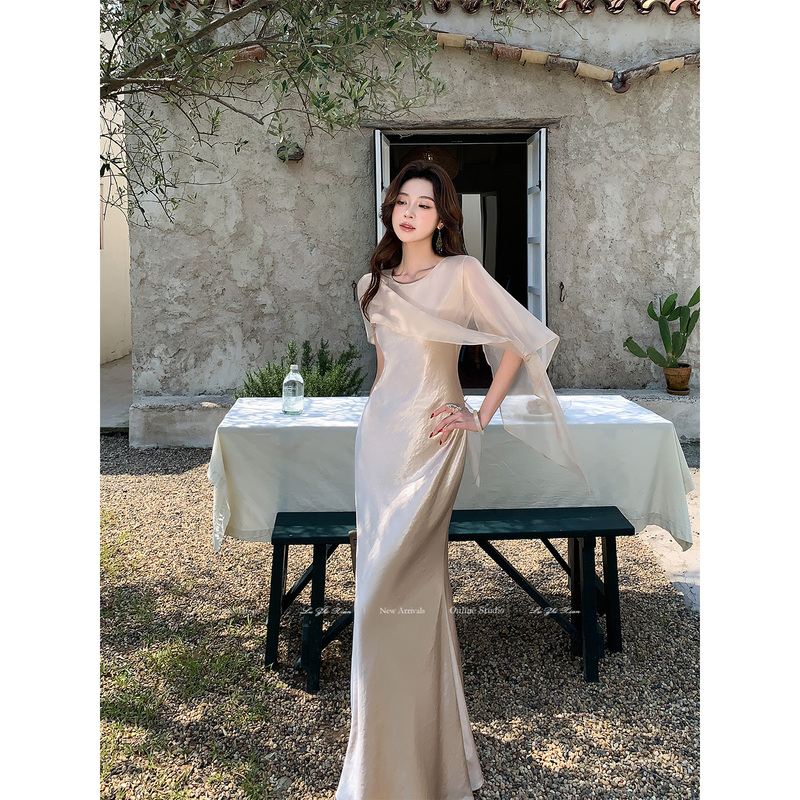 Liu Zhixian [Satin Dream] French Satin Waist-Cinching Fishtail Dress Light Formal Dress Engagement Dress Birthday Dress Summer