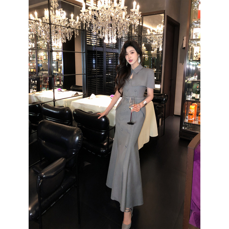 Liu Zhixian [Milan Gray Tailoring] Gray Suit Dress with Elegant Professional Style, Bodycon Fishtail Shawl Strap Long Dress