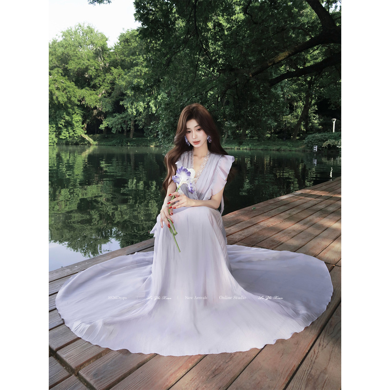 Liu Zhixian [Roland Chanson] Noble Purple V-Neck Sleeveless Dress Beach Vacation Long Dress Summer