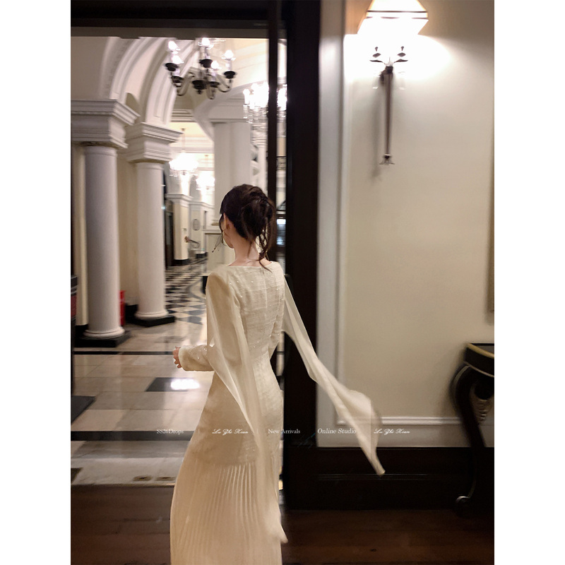 Liu Zhixian [Moonlight Frost] Cool and Elegant Style Sheer Shawl Long Sleeve Dress with Pleated Long Skirt for Women