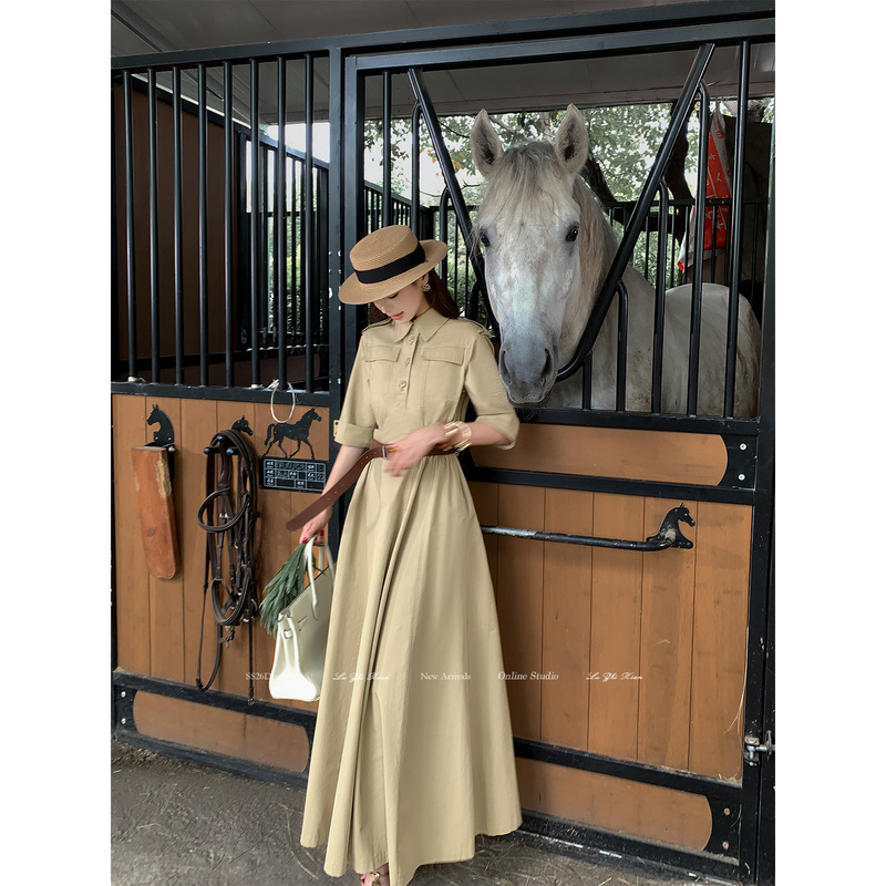 Liu Zhixian [Intelligent Aesthetics] High-Intelligence International Student Daughter Dress, Workwear Style Short-Sleeved Shirt Dress, Waist-Cinching Long Dress