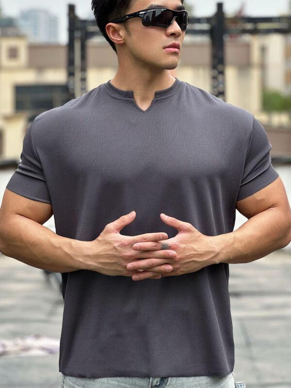 Mpa American-Style Sports T-Shirt, Fitness Short-Sleeve for Men, Shoulder Pads, Small Cuffs, Quick-Drying, Elastic V-Neck, No-Iron Striped T-Shirt
