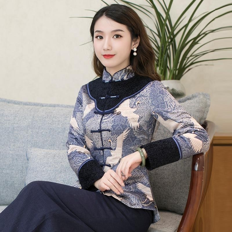 Tang Dress Women's Clothing Wind Autumn Winter Qipao Style Blouse Chinese Pan Button Long Sleeves Thickened Cotton Padded Jacket Cotton Clothes-Taobao