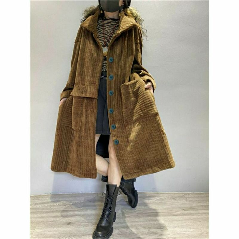 Corduroy Oversized Mid-Length Coat with Large Pockets 2023 Thin Stylish Single-Breasted Cardigan Trench Coat for Autumn and Winter