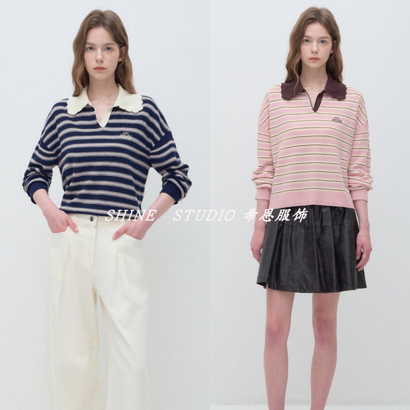 Korean Style O Kou~ Retro Playful Striped Color-Blocking Casual Long-Sleeve T-Shirt for Women with Lace Collar Pullover Knit Kto714W