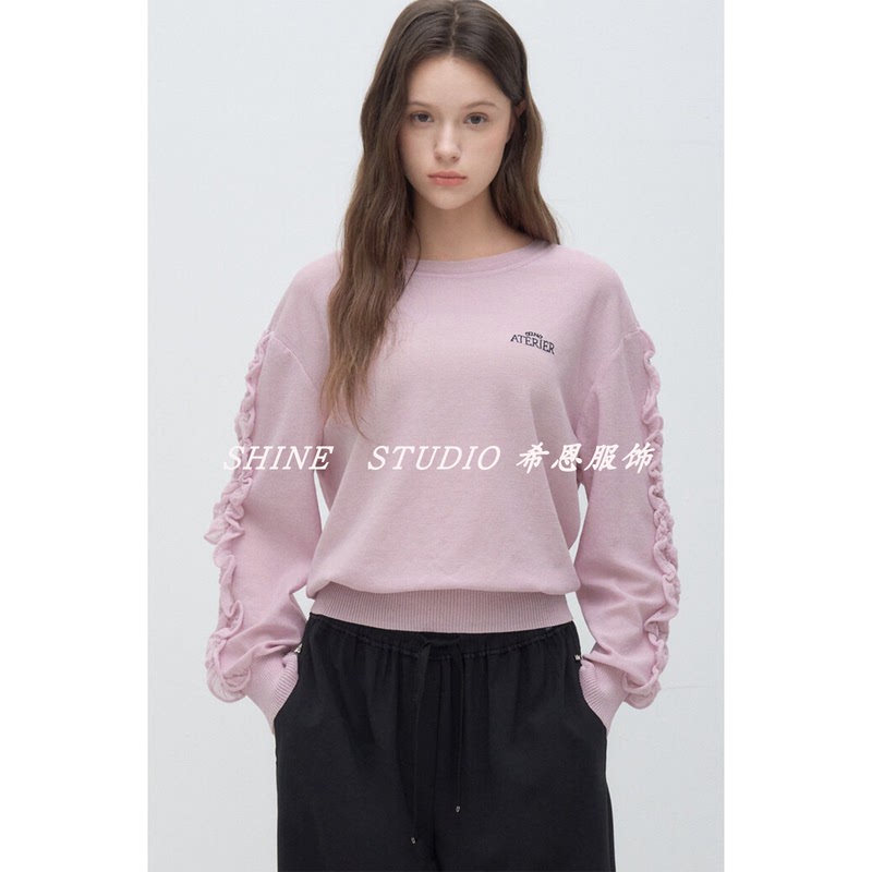 Korean Style O-Ko~ Ruffled Lace Sleeve Round Neck Pullover Knit Sweater Loose Drop Shoulder Long Sleeve Embroidered Sweatshirt Kto703W
