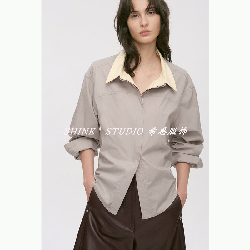 Korean Style Tim~ Color-Blocked Double-Layer Collar Shirt, Casual Loose Boyfriend Style Shirt, Long-Sleeved Top Wshs21W