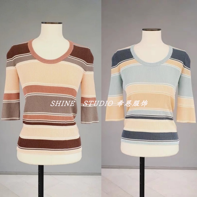 Korean Style, Beautiful Summer ~ Colors Are so Attractive ~ Early Summer Color-Blocked Striped High-Elastic Slim-Fit Knit Top for Women Miq3Kpo600