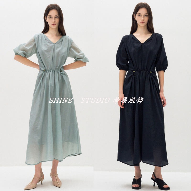 Korean Single Obz~ Summer V-Neck Short-Sleeved Dress with Elastic Waist, Puff Sleeves, Long Dress, Solid Color for Women Wop528W