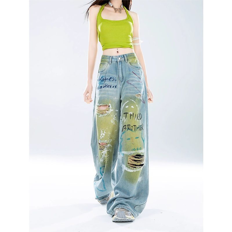 British Dhwa Graffiti Ripped Jeans for Women, Summer 2026 New Fashion Niche Loose Versatile Wide-Leg Pants Trendy