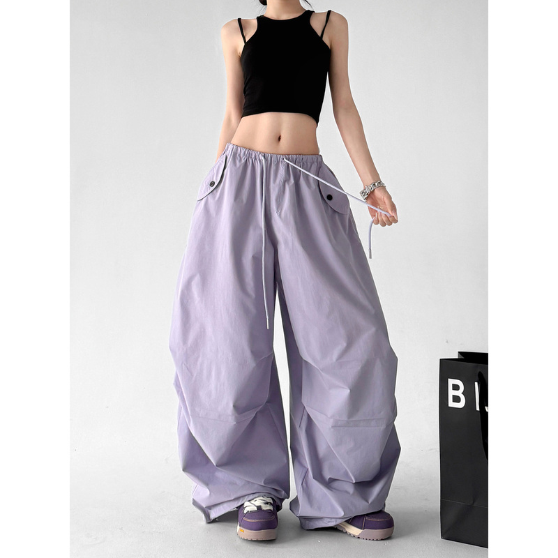 British Dhwa American-Style High-Waisted Drawstring Cargo Pants, New Summer Loose Fit, Slimming, Fashionable, Versatile Wide-Leg Casual Pants