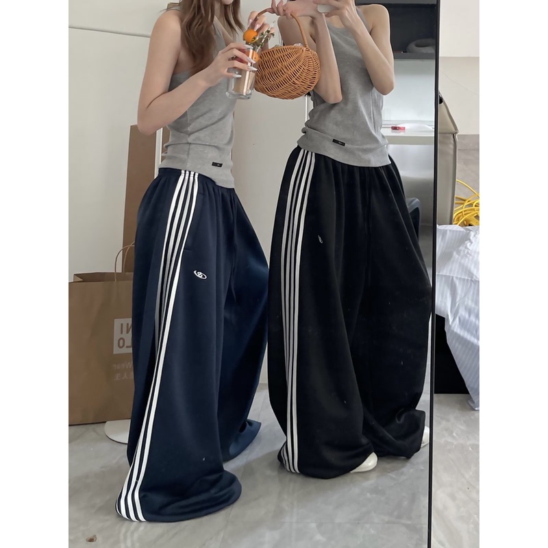 British Dhwa American Retro Sports Patchwork Wide-Leg Pants for Women, New Summer Style, Lazy Striped High-Waisted Casual Floor-Length Pants British Dhwa American Retro Sports Patchwork Wide-Leg Pants for Women, New Summer Style, Lazy Striped High-Waisted Casual Floor-Length Pants