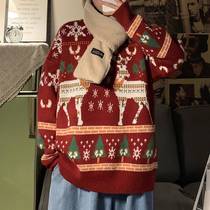 Winter retro Christmas sweater couple Japanese style thickened deer jacquard loose knitted sweater warm trendy men