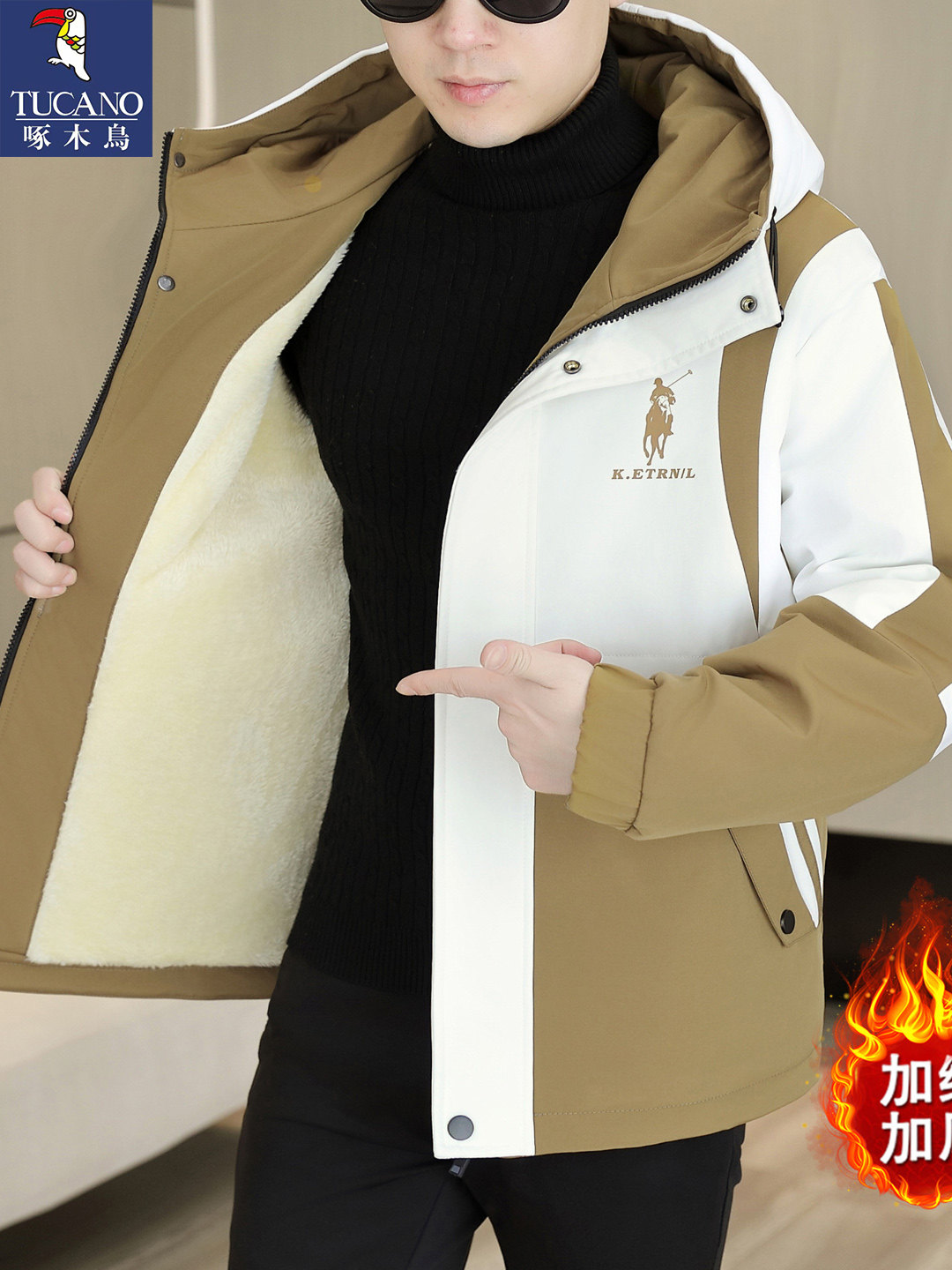 Woodpecker Men's Jacket 2025 New Men's Workwear Hooded Fleece Jacket Windbreaker Winter Thickened Cotton Coat