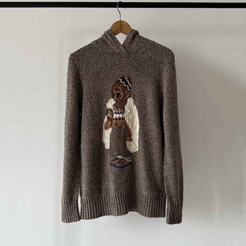 Rl Variegated Hooded Bear Knitwear Women's Old Money Style Classic American Retro Winter Loose Top