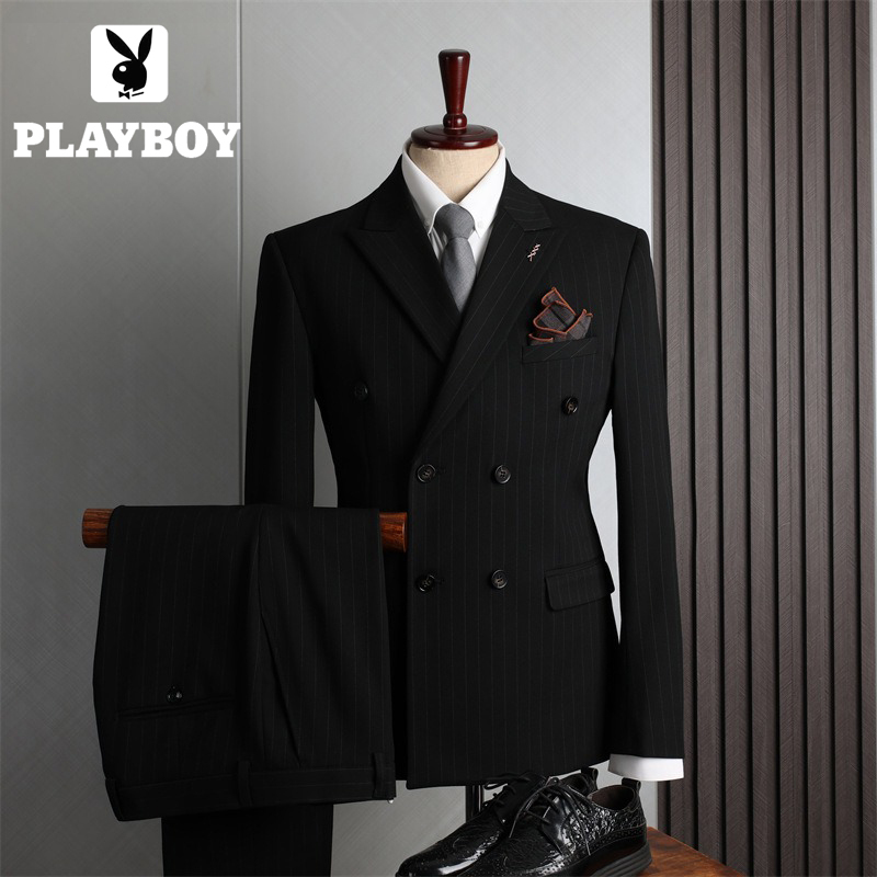 High-End Playboy Double-Breasted Men's Suit with Striped Elastic Casual Banquet Groom Wedding Suit