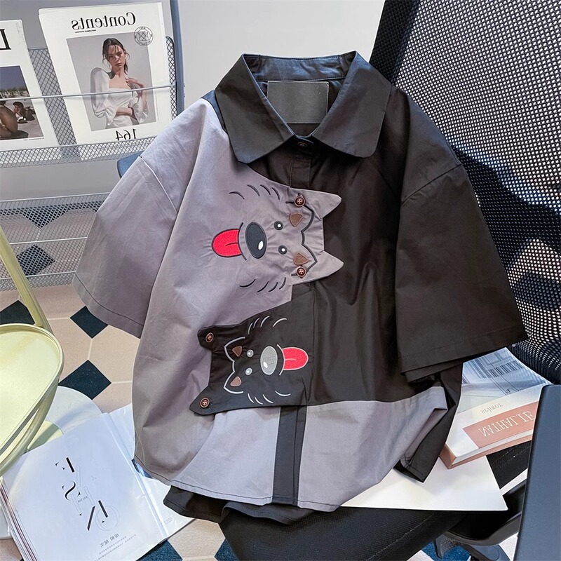 150kg Plus Size Men's Clothing Japanese Retro Color-Block Patchwork Dog Embroidery Short-Sleeve Shirt Unisex Summer Shirt 2