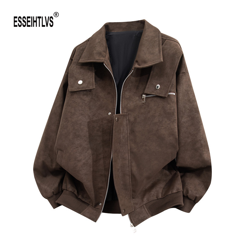 Esseihtlvs American Style Trendy Tie-Dye Pu Leather Jacket for Men, New Vintage High-End Lapel Biker Jacket