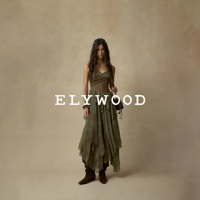 Elywood Irregular Pleated Gradient Pointed Strap Dress Vintage Sleeveless Long Waist-Cinching Dress 26 Spring/Summer
