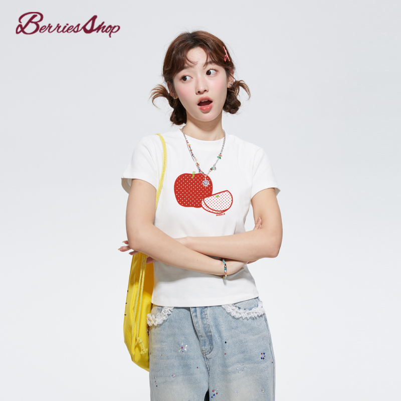 Berry Good Store Korean-Style Apple Print 2026 Summer Round Neck Regular Shoulder T-Shirt for Women, Slimming Short Cartoon Short-Sleeve New