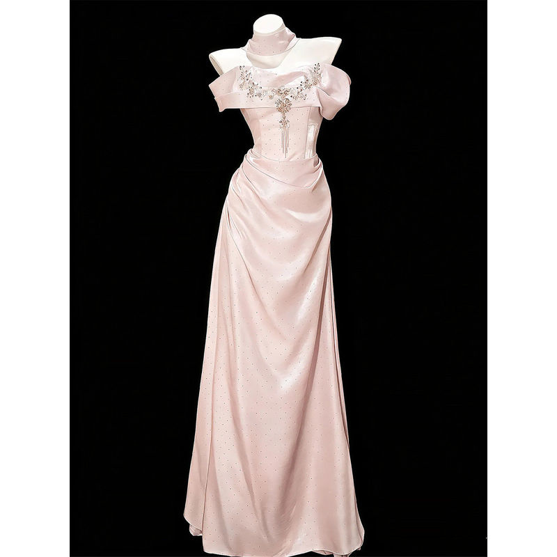 French-Style One-Shoulder Evening Dress, High-End Light Luxury Host Performance Dress, Super Fairy-Like Adult Ceremony Birthday Satin Dress French-Style One-Shoulder Evening Dress, High-End Light Luxury Host Performance Dress, Super Fairy-Like Adult Ceremony Birthday Satin Dress