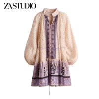 ZA new summer women's loose-fitting stand-up collar long-sleeved bow-knot dress dress 1334079