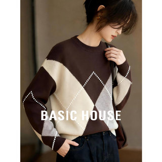 百家好咖色菱格毛衣加厚2025秋冬女慵懒风软糯羊毛针织衫圆领保暖