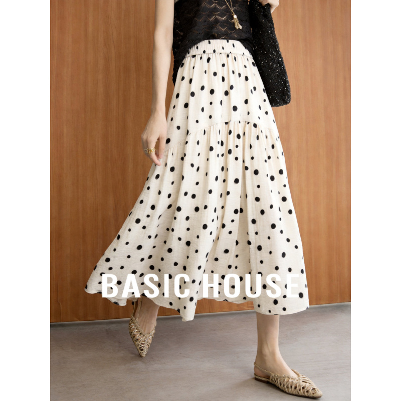Basic House/Baijiahao Retro Polka Dot Skirt for Women Summer Beige Loose Casual A-Line Mid-Length Skirt