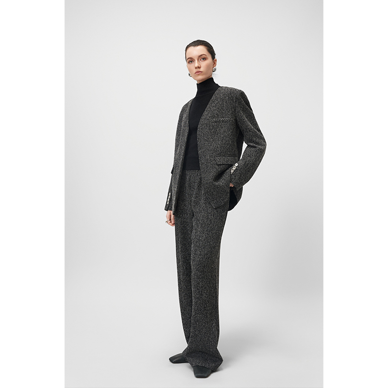 Herland She Di Keler Suit Minimalist Collarless Woolen Coat Women's Autumn Waist-Cinching Loose Straight-Leg Pants Suit