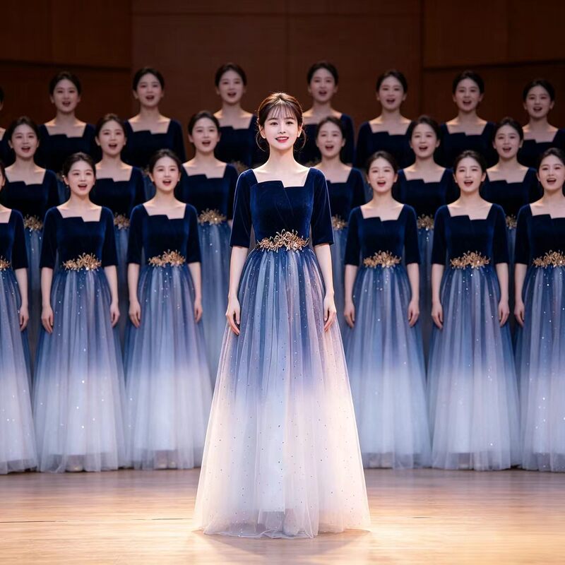 Choir Performance Dress Women's Long Dress 2026 New Blue Gradient Elegant Choir Competition Performance Stage Dress