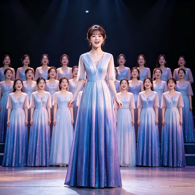 Blue Gradient Choir Performance Dress for Women, Long Skirt with Starry Sky Design, Slimming, Suitable for Singing Red Songs, Choir Competition, Student Style Dress