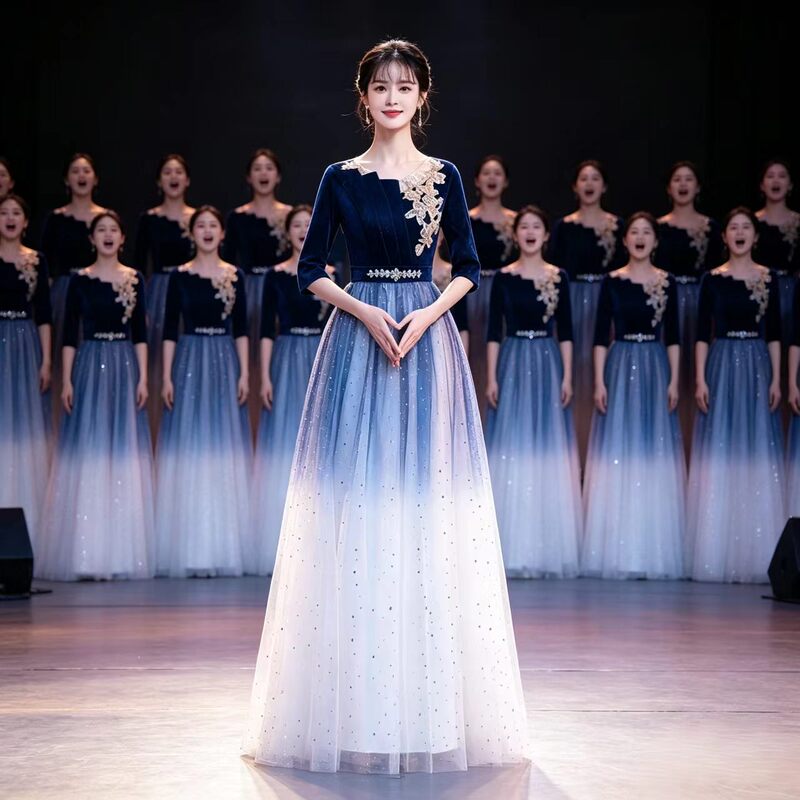 Blue Gradient Evening Dress for Women, Choir Performance Costume, Adult Choir Stage Performance Conductor Style, Slimming Long Dress