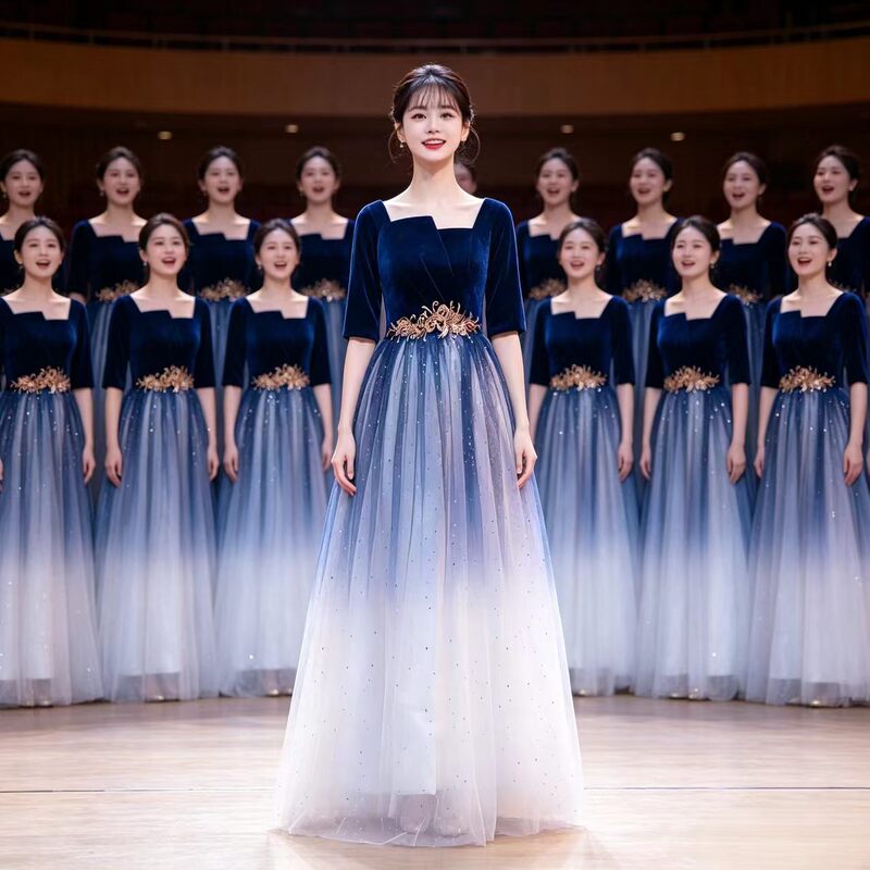 Choir Performance Dress Women's Long Dress 2026 New Blue Gradient Elegant Choir Competition Performance Stage Dress