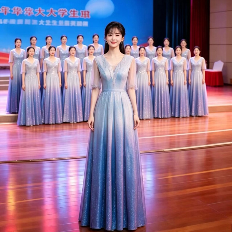 Blue Gradient Choir Performance Dress for Women, Long Skirt with Starry Sky Design, Slimming, Suitable for Singing Red Songs, Choir Competition, Student Style Dress
