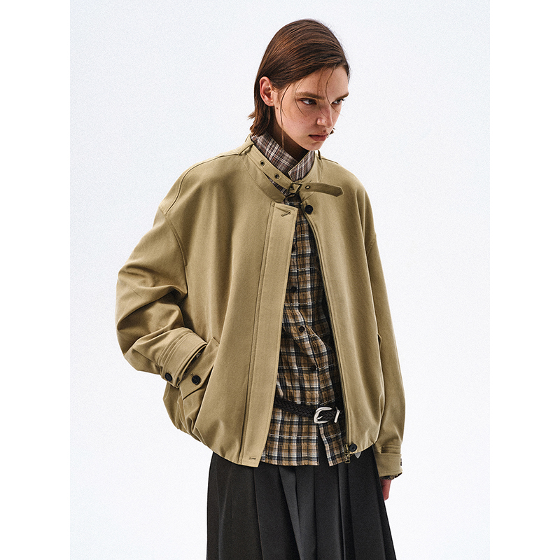 Flowersays: Xianancao (Brand Name) Warm and Comfortable Workwear Plaid Patchwork Collar Loose-Fitting Drop-Shoulder Short Jacket