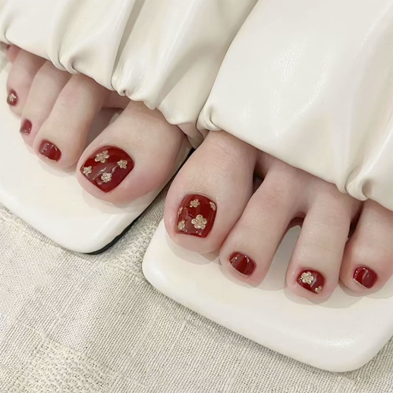24-Piece Toenail Nail Art Stickers in Wine Red with Gold Glitter and Camellia Design, Sweet and Elegant, Removable Fake Nails