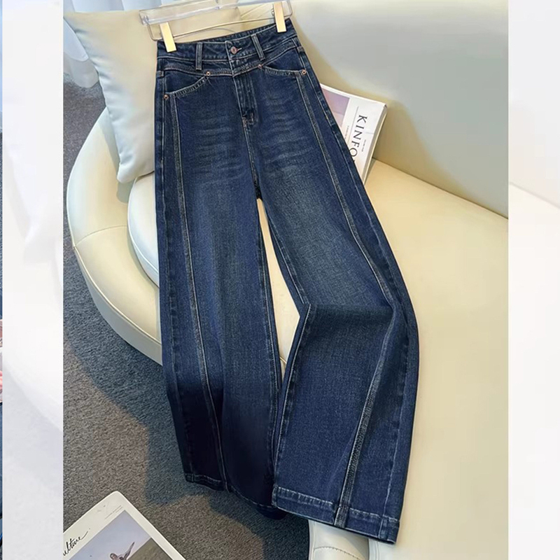 Hong Kong Style Original Denim Wide-Leg Pants for Women 2026 High-Waisted with Visible Stitching, Slimming, Height-Enhancing, Drapey Straight-Leg Floor-Length Pants Hong Kong Style Original Denim Wide-Leg Pants for Women 2026 High-Waisted with Visible Stitching, Slimming, Height-Enhancing, Drapey Straight-Leg Floor-Length Pants
