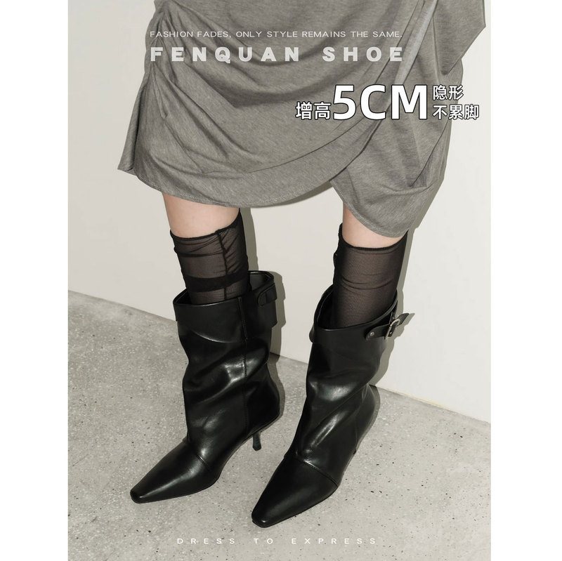Pink Dog-Style Exquisite Fold-Over Boot Shaft Pointed Toe Stiletto Short Boots for Women 2026 Autumn and Winter Black High-Heeled Belt Buckle Fashion Boots