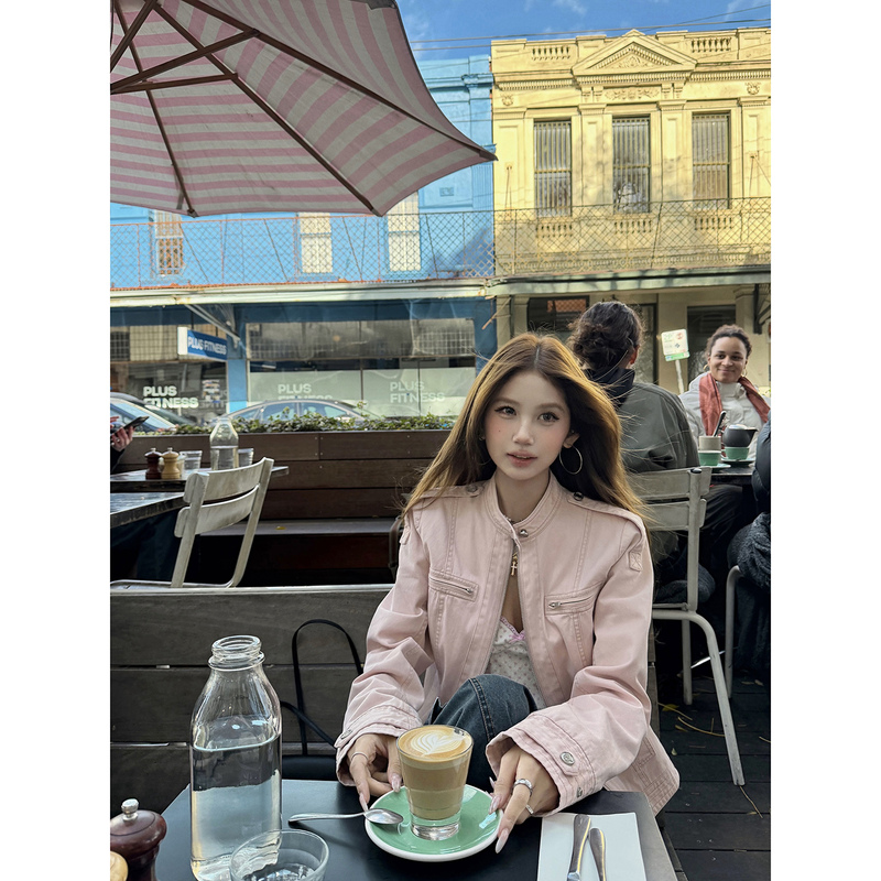 Tongiiuu American Style Player Retro Washed Stand Collar Regular Shoulder Short Jacket Women's Short Casual Jacket Top Autumn