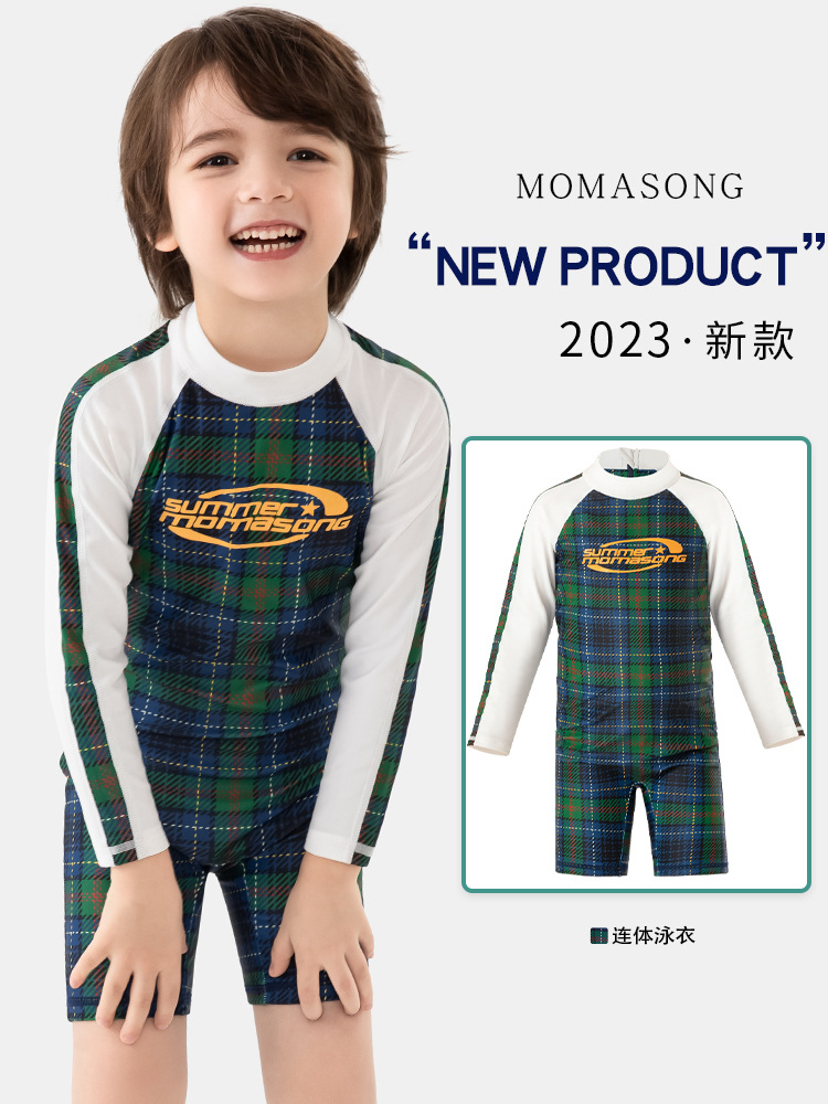 Momasong Children Swimsuit Boy Long Sleeve Sunscreen Swimsuit Retro Plaid Girl One-piece Swimsuit