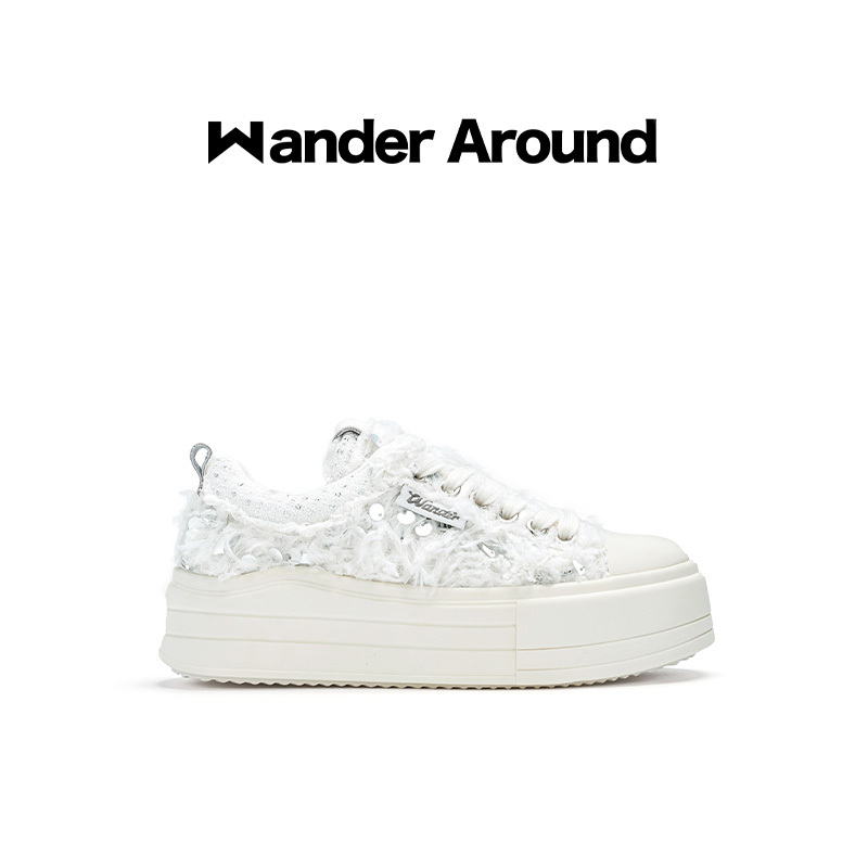 Wander Around 2025 Autumn New Cloud Series White Feather Thick-Soled Height-Increasing Canvas Shoes for Women