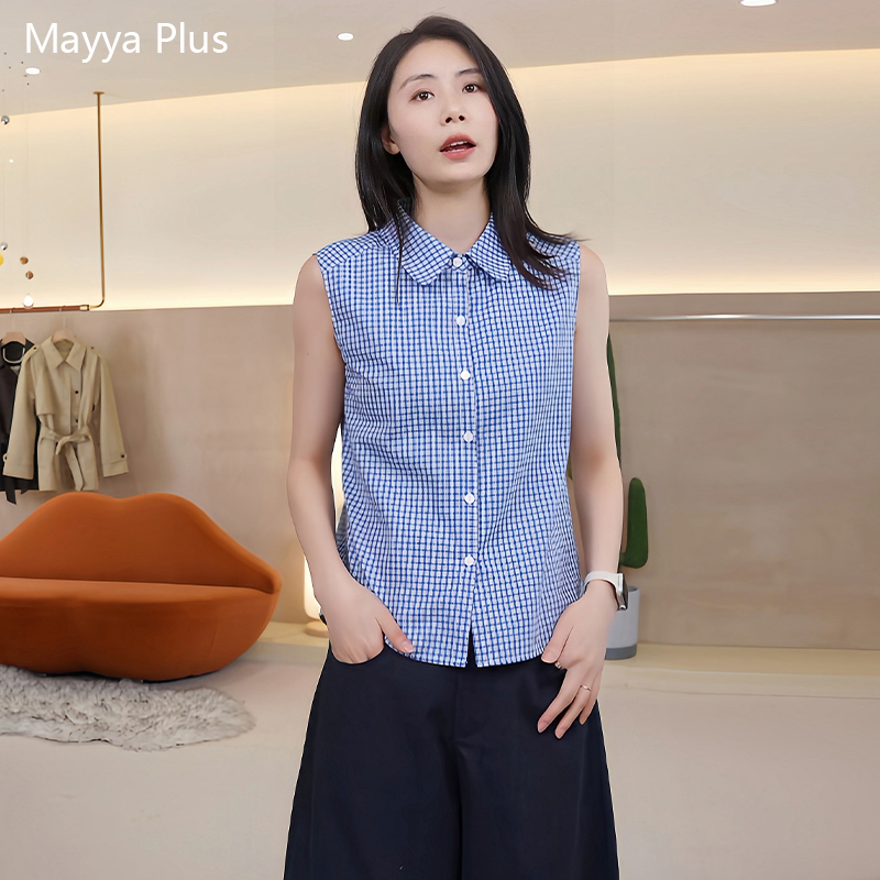 Mayya Plus Retro Blue and White Plaid Pure Cotton Shirt for Women Early Autumn Sleeveless Polo Collar Layered Top