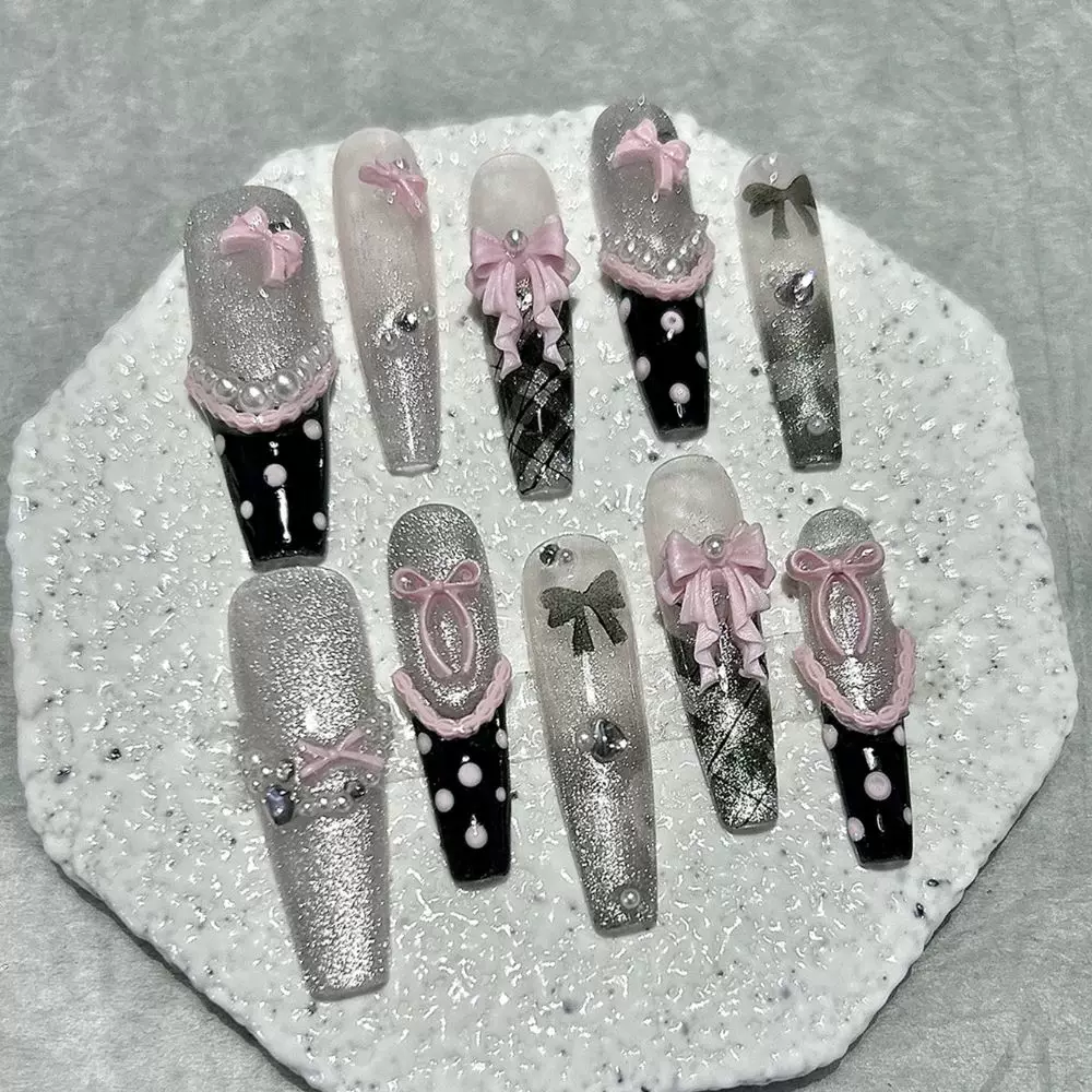 10ШТ Y2K Черные Розовые французские ручной работы накладки на ногти Cute