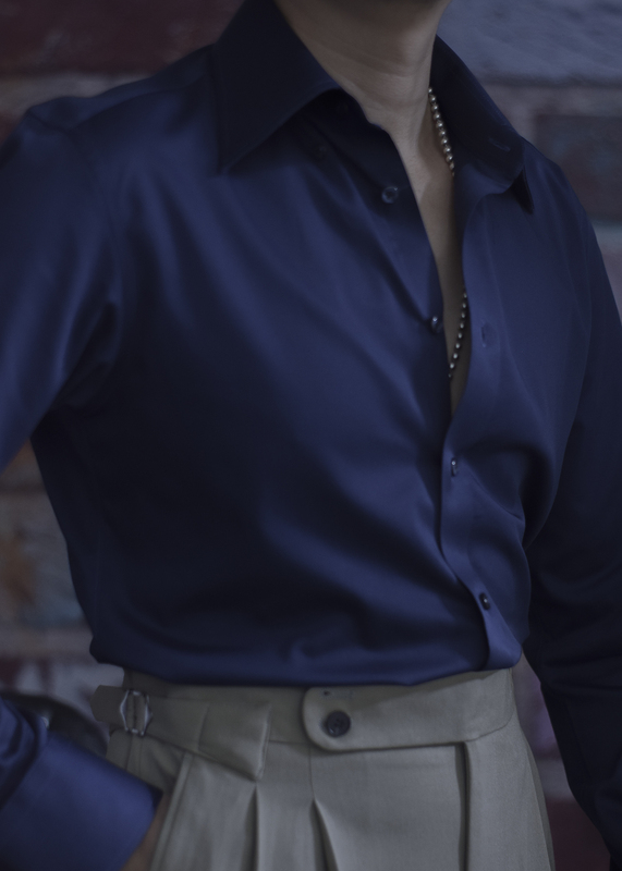 Dark Blue Business Casual Slim Fit Wrinkle-Free Long Pointed Collar Bamboo Fiber British Style Casual Long-Sleeved Shirt for Men