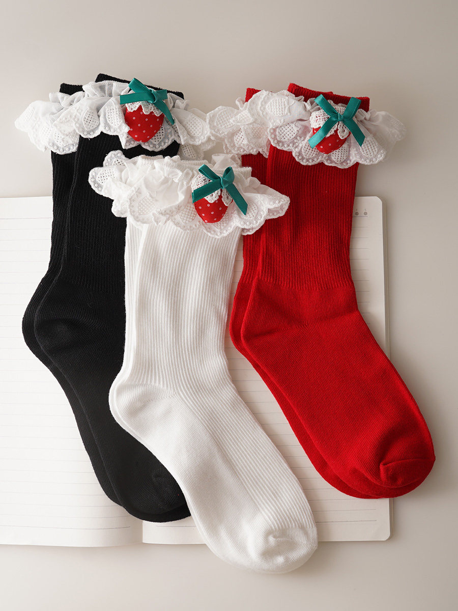 Strawberry Lace Lolita Socks with Cotton Ruffle Trim - Product image 7